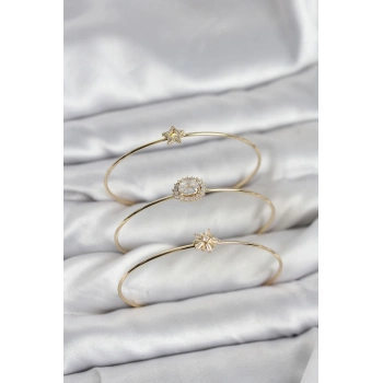 Zirkon Taşlı Gold Renk Tek Taş Model 3lü Kadın Bileklik Kombini - TJ-BB8351