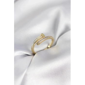 Zirkon Taşlı Gold Renk Yassı Çivi Model Kadın Yüzük - TJ-BYK3961