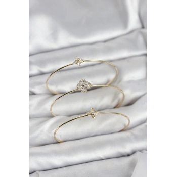 Zirkon Taşlı Gold Renk Yonca Tasarım 3lü Kadın Bileklik Kombini - TJ-BB8353