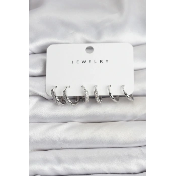 Zirkon Taşlı Gümüş Renk Pirinç Kadın Küpe Seti - TJ-BKP11480