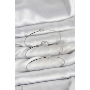 Zirkon Taşlı Gümüş Renk Tek Taş Model 3lü Kadın Bileklik Kombini - TJ-BB8350