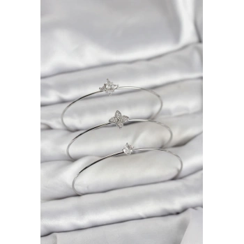 Zirkon Taşlı Gümüş Renk Yonca Model 3lü Kadın Bileklik Kombini - TJ-BB8348