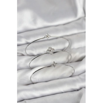 Zirkon Taşlı Gümüş Renk Yonca Tasarım 3lü Kadın Bileklik Kombini - TJ-BB8352