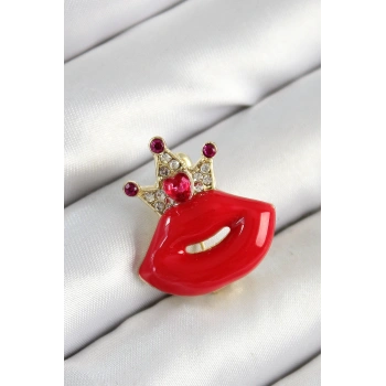 Zirkon Taşlı Kraliçe Taç Detaylı 3D Kırmızı Dudak Figürlü Gold Renk Kadın Broş - TJ-BR449