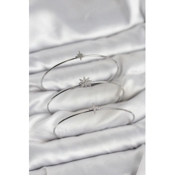 Zirkon Taşlı Kutup Yıldızı Model Gümüş Renk 3lü Kadın Bileklik Kombini - TJ-BB8358