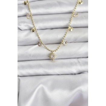 Zirkon Taşlı Kutup Yıldızı Model Pirinç Gold Renk Kadın Kolye - TJ-BKO10648
