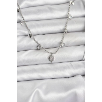 Zirkon Taşlı Kutup Yıldızı Model Pirinç Gümüş Renk Kadın Kolye - TJ-BKO10658