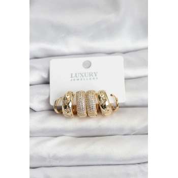 Zirkon Taşlı Pirinç Gold Renk Halka Kadın Küpe Seti - TJ-BKP11489