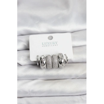 Zirkon Taşlı Pirinç Gümüş Renk Halka Kadın Küpe Seti - TJ-BKP11488