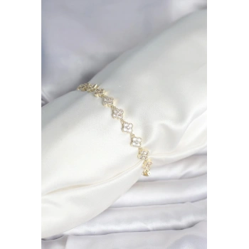 Zirkon Taşlı Pirinç Yonca Model Bileklik - TJ-BB8086