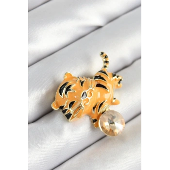 Zirkon Taşlı Siyah Çizgili Turuncu Kaplan Figürlü Gold Renk Kadın Broş - TJ-BR455