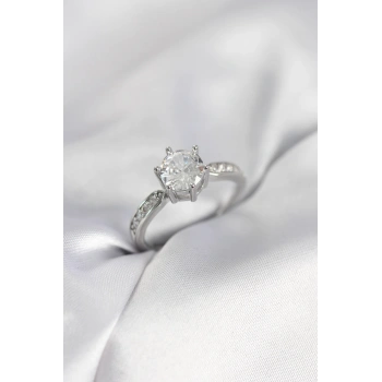 Zirkon Taşlı Tek Taş Model Gümüş Renk Kadın Yüzük - TJ-BYK4021