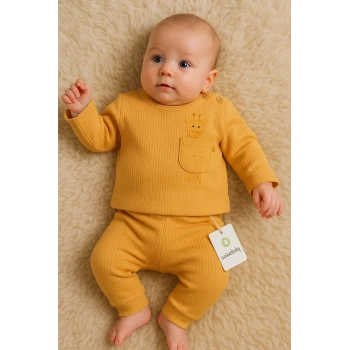 Zürafa Cep Nakışlı Omuzdan Düğmeli % 100 Pamuk Erkek Bebek Takım