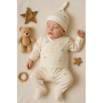 Zürafa Desenli 3 Parça Erkek Bebek Hastane Çıkışı % 100 Pamuk