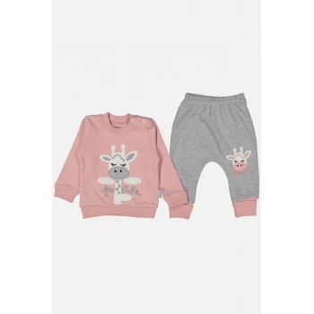 Zürafa Nakışlı % 100 Pamuk Kız Bebek Takımı