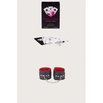 MARSiLYAN-  Sexy Görselli Oyun Kartı Kama Sutra Siyah Kırmızı Kelepçe Set