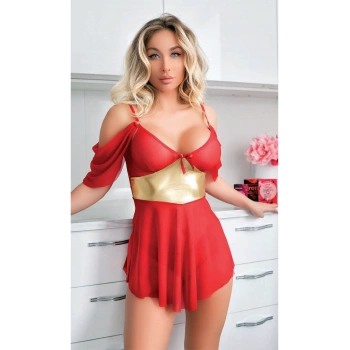 MARSiLYAN-  Sarı Kuşak Detaylı Fantezi Kırmızı Gecelik