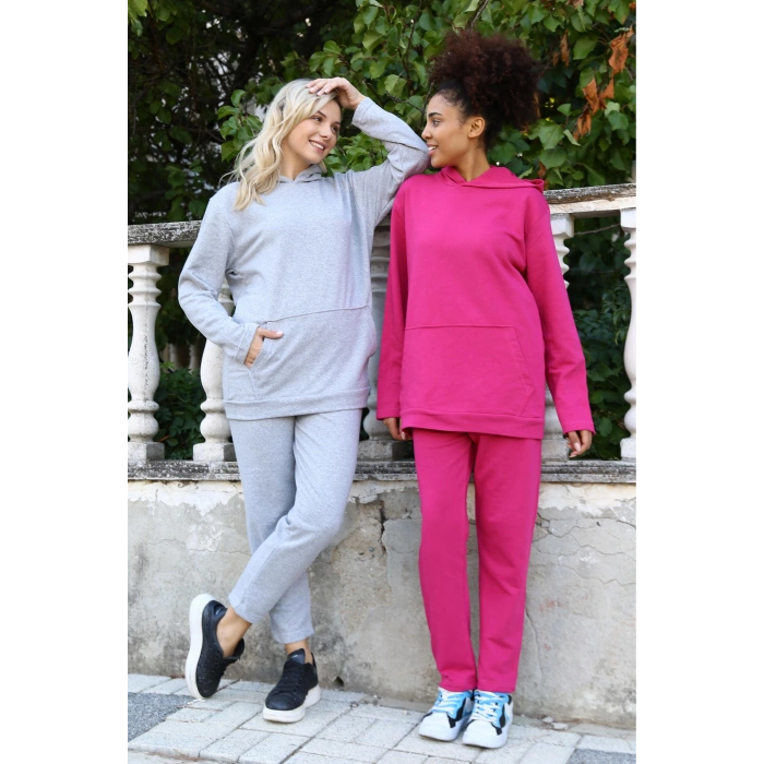MARSiLYAN- Kadın Pamuk Kapşonlu Cepli 3 İplik Fuşya Eşofman Takım