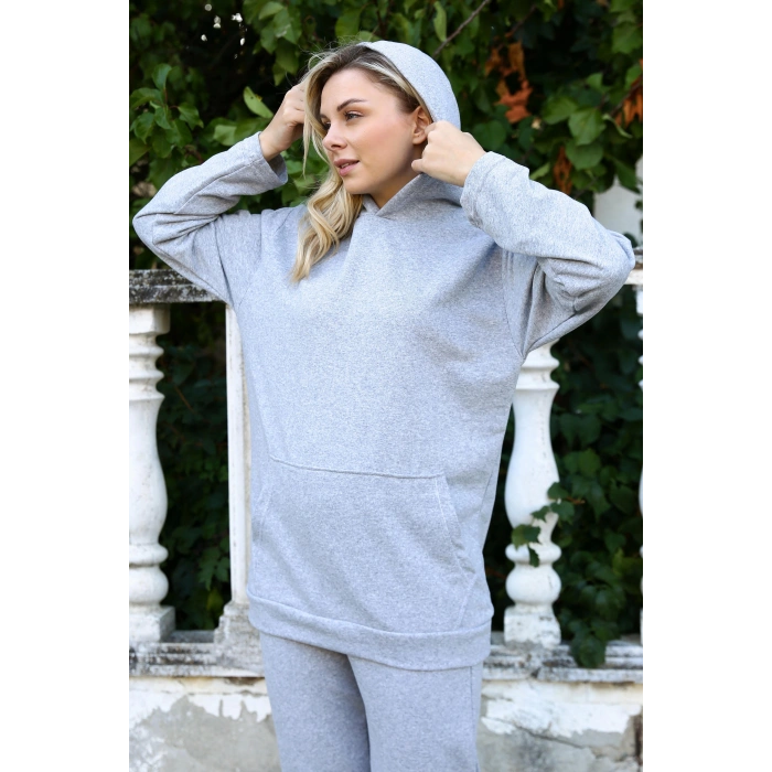 MARSiLYAN- Kadın Pamuk Kapşonlu Cepli 3 İplik Gri Eşofman Takım