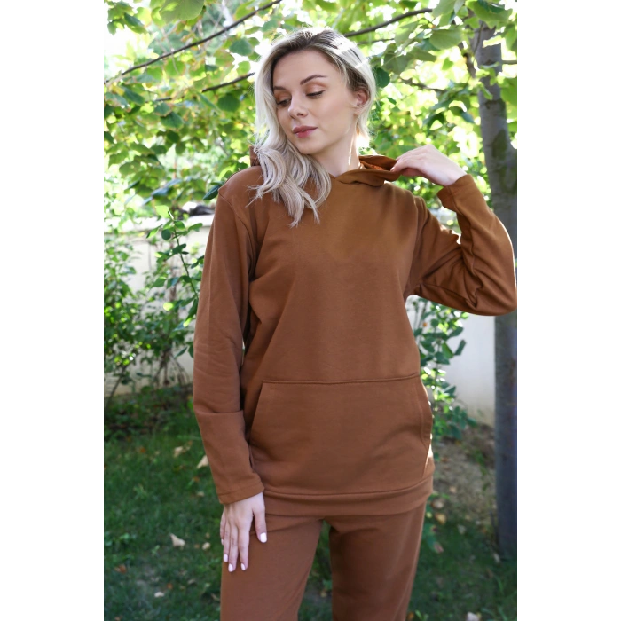 MARSiLYAN- Kadın Pamuk Kapşonlu Cepli 3 İplik Kahve Eşofman Takım