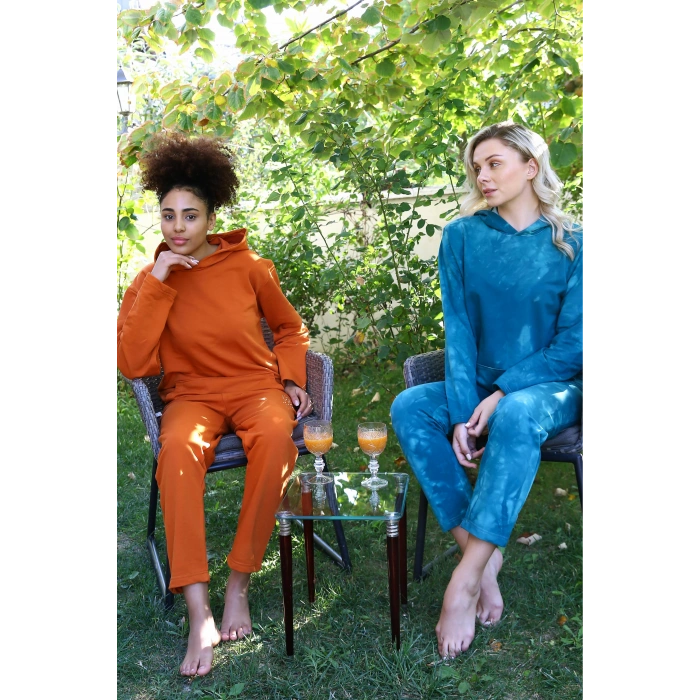 MARSiLYAN- Kadın Pamuk Kapşonlu Cepli 3 İplik Kiremit Eşofman Takım