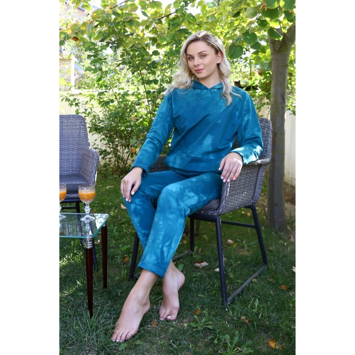 MARSiLYAN- Kadın Pamuk Kapşonlu Cepli 3 İplik Turkuaz Eşofman Takım