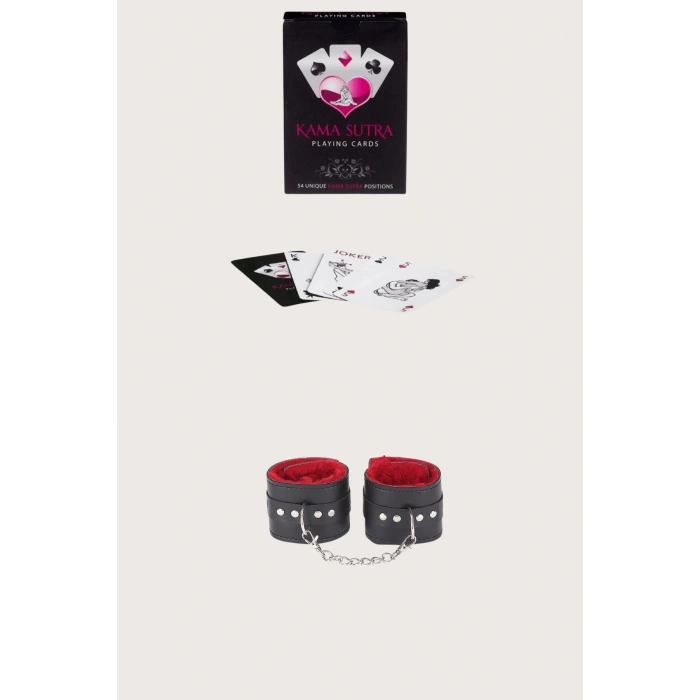 MARSiLYAN-  Sexy Görselli Oyun Kartı Kama Sutra Siyah Kırmızı Kelepçe Set