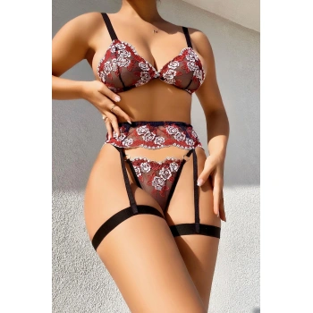 MARSiLYAN- Fantezi Bacak Bantlı Çiçek Desenli Sütyen Külot Takım