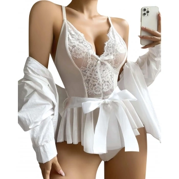 Beyaz Dantel İşlemeli Kurdelalı Fantezi Tül Babydoll