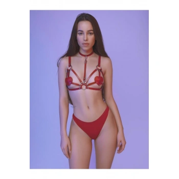 Fantezi Kırmızı Harness Sütyen Kumaş Külot Takımı
