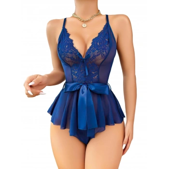 Mavi Dantel İşlemeli Kurdelalı Fantezi Tül Babydoll