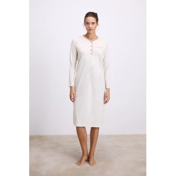 Fil Dişi Modal Uzun Kollu Düğmeli Gecelik