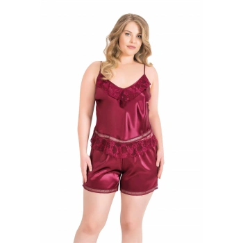MARSiLYAN- Büyük Beden Bordo Saten Babydoll Şort Takımı