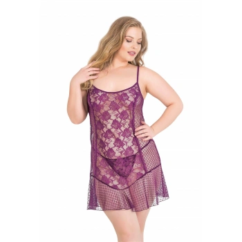 MARSiLYAN-   Büyük Beden Mor Kısa Tül Gecelik