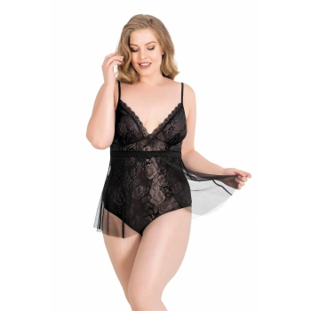 MARSiLYAN- Büyük Beden Siyah Bodysuit Jakarlı Gecelik