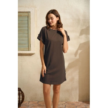 MARSiLYAN-  Günlük Kısa Kol Bisiklet Yaka Cotton Düz Yazlık Kısa Kahve Pijama Takımı