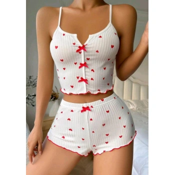 MARSiLYAN- Beyaz Fiyonk Desenli Kalpli Askılı Şortlu Pijama Takım