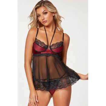 MARSiLYAN-  Bordo Dantel İşlemeli Fantezi Gecelik