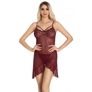 MARSiLYAN- Bordo Dantel İşlemeli Göğğüs İp Detaylı Fantezi Tül Gecelik