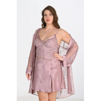MARSiLYAN- Büyük Beden 2li Vizon Sabahlık Takımı Bigsize 6205