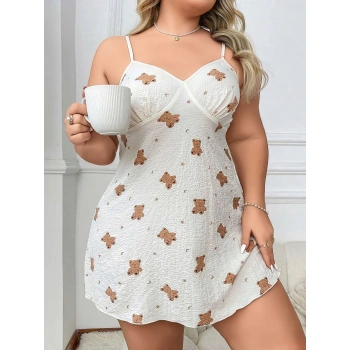 MARSiLYAN-  Büyük Beden Ayıcık Desenli Pamuklu İnce Askılı Mini Gecelik