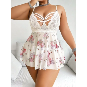 MARSiLYAN-  Büyük Beden Beyaz Üstüne Çiçek Desenli Dantel İşlemeli İnce Askılı Mini Gecelik