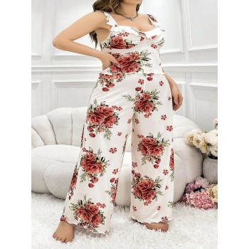 MARSiLYAN-  Büyük Beden Gül Desenli İnce Askılı Beyaz Salaş 2li Takım