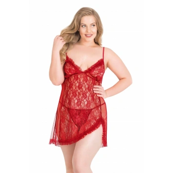 MARSiLYAN- Büyük Beden Kırmızı Kısa Tül Gecelik