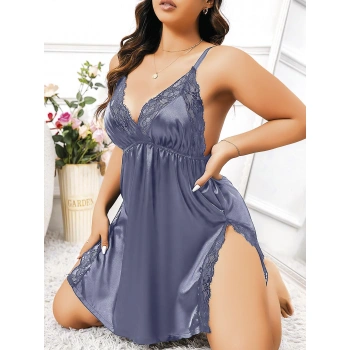 MARSiLYAN- Büyük Beden Lacivert Dantel İşlemeli İnce Askılı Saten Fantezi Gecelik
