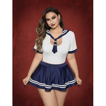 MARSiLYAN- Büyük Beden Lacivert Mini Etekli Fantezi Denizci Kostümü