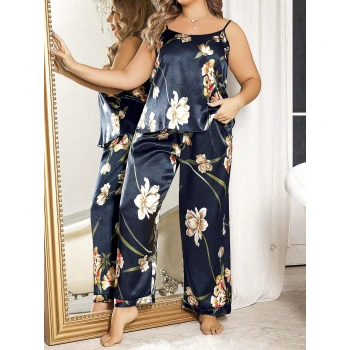 MARSiLYAN- Büyük Beden Mavi Üstüne Çiçek Desenli İnce Askılı 2li Saten Pijama Takımı