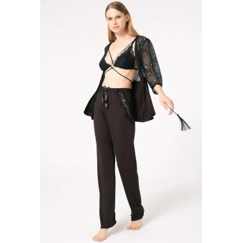 MARSiLYAN- Dantelli Sabahlık Balensiz Desteksiz Dolgusuz Yaka Detaylı Sütyen Ve Pantolon Pijama 3lü Takım