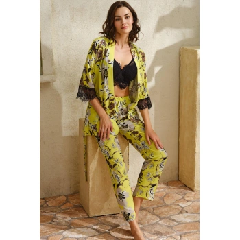 MARSiLYAN- Dokuma Viskon Çiçek Baskılı Dantelli Sabahlık Balenli Desteksiz Dolgusuz Büstiyer Sütyen Ve Pantolon Pijama 3lü Takım