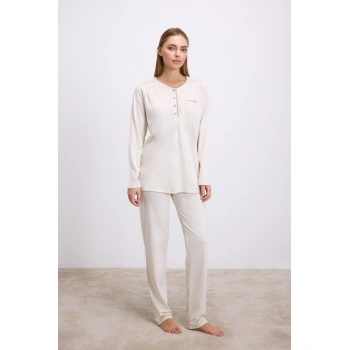 MARSiLYAN- Fil Dişi Modal Pamuklu Uzun Kollu Düğmeli 2li Pijama Takımı